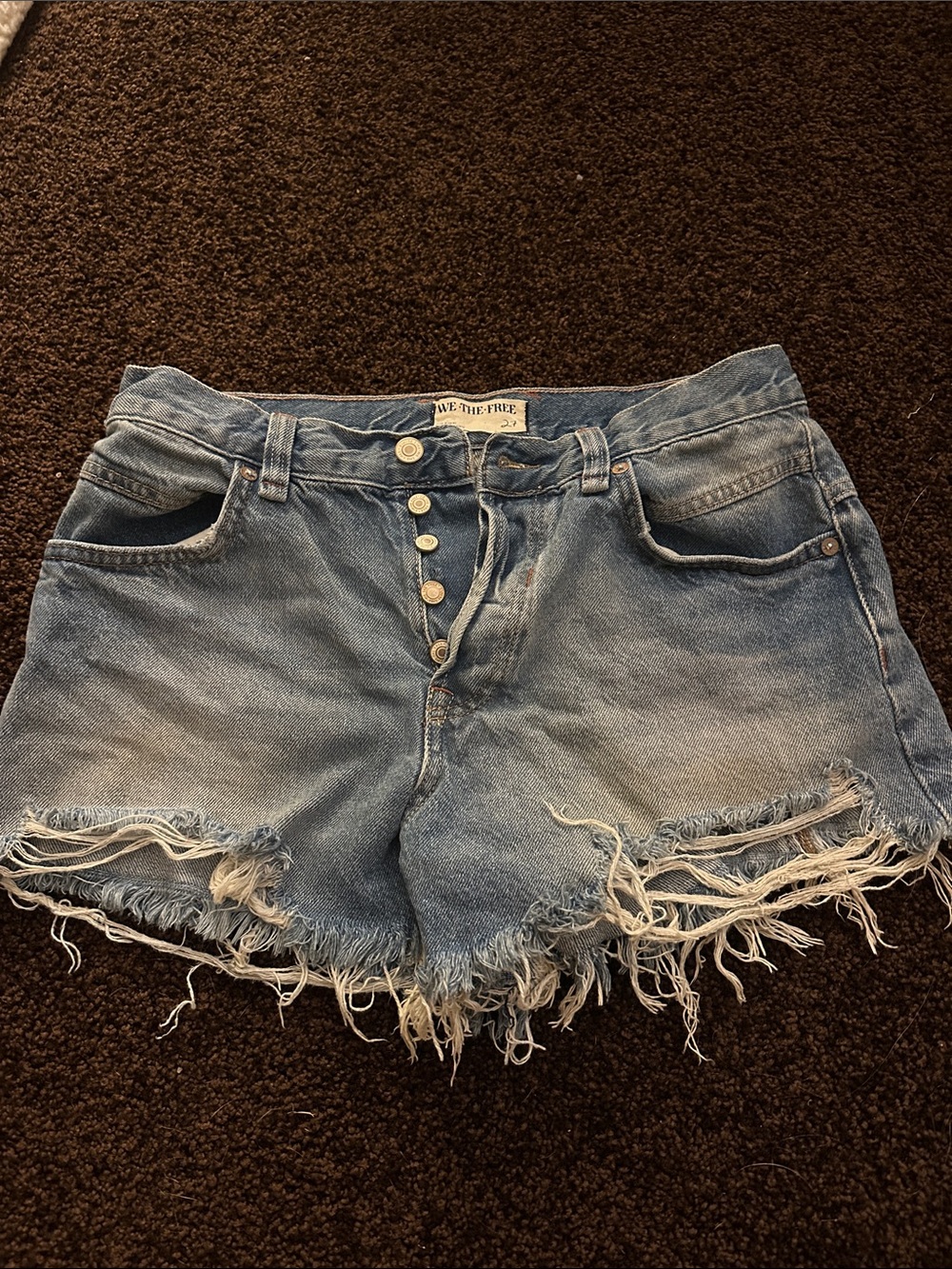 We The Free Light Blue Distressed Button-Fly Denim Shorts